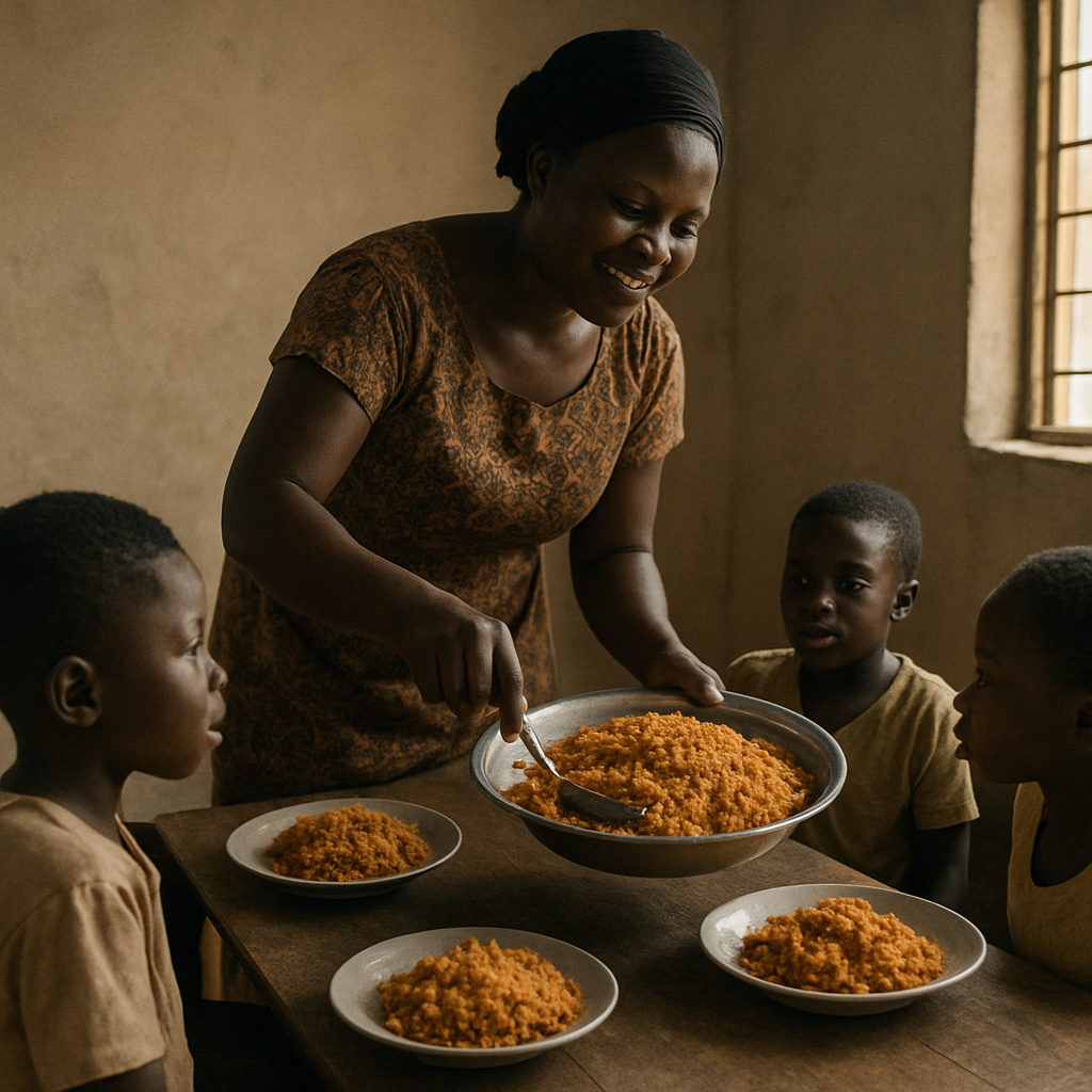 Representative image of a caregiver serving a meal to children at a children's home
